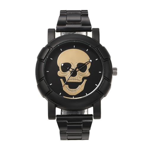 LIWEARE Totenkopf Herrenuhr mit Edelstahl Band - Analog Quarz Armbanduhr Steampunk Totenkopf Schädel Armband Uhr Armreif Schmuckset für Herren Männer (Goldener Schädel) von LIWEARE