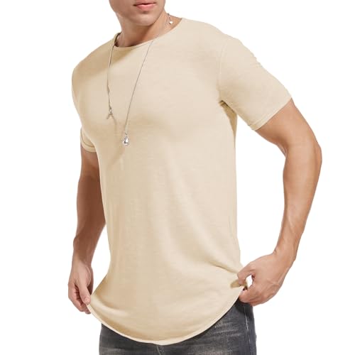 LIWEIKE Herren-T-Shirt, langärmlig, Hipster, Hip-Hop, Swag-Saum, geschwungener Saum, Khaki 2, X-Groß von LIWEIKE