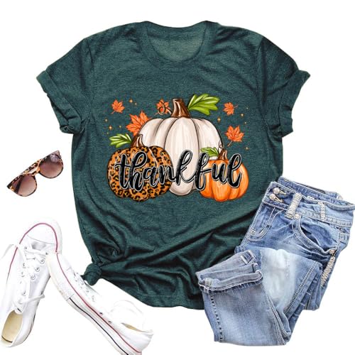 Kürbis-Shirt für Damen, niedliches Thanksgiving-Herbst-T-Shirt, kurzärmelig, Halloween-Kürbis-Grafik-T-Shirt, Grün , S von LIWYLU