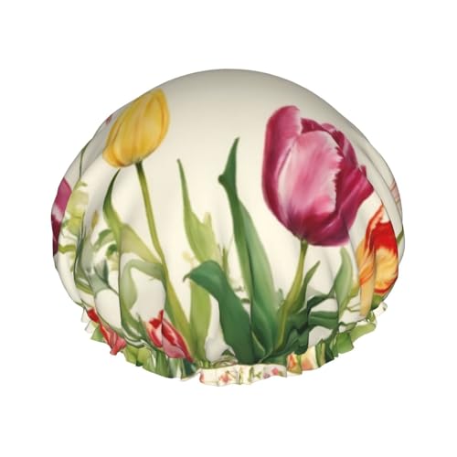Bunte Tulpen Druck Doppellagige Duschhaube Baden Duschhauben Damen Herren Duschhauben Salon Heimgebrauch von LIXLZH