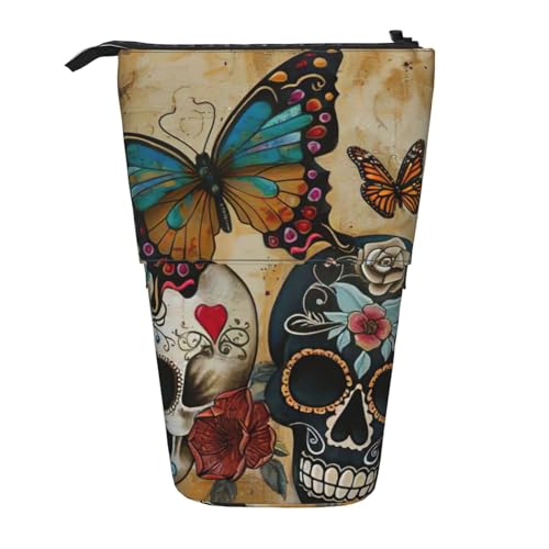 Lixlzh Federmäppchen mit Totenkopf-Motiv, Teleskop, stehend, Polyester, Stifthalter, Schreibwaren, Büro, Organizer-Box, Schwarz, One Size, Art-Deco von LIXLZH