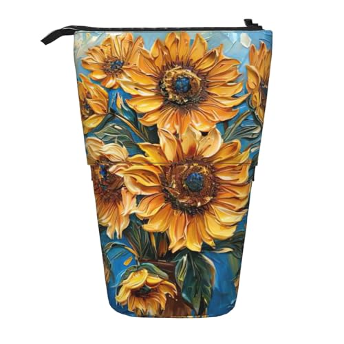Lixlzh Teleskopisches Federmäppchen für Ölgemälde mit Sonnenblumen-Druck, Polyester, Stifthalter, Schreibwaren, Büro, Organizer, Box, Schwarz, Einheitsgröße, Art-Deco, Schwarz , Einheitsgröße, Art von LIXLZH
