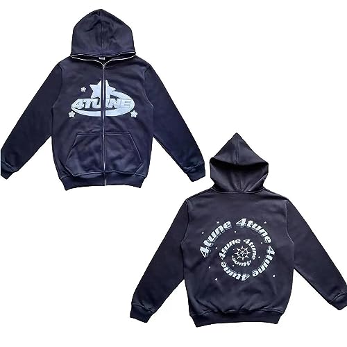 4 Tune Kapuzenpullover mit Reißverschluss, Fortune Star Letter Print Hoodie, Y2K Fleece-Sweatshirt mit Durchgehendem Reißverschluss und Kapuze(Navy Blue,M) von LIXQQS