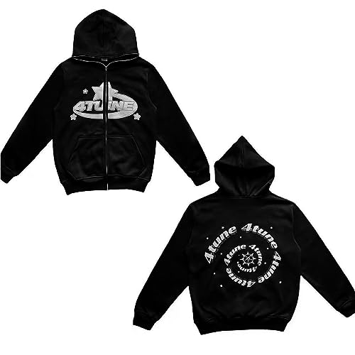 4 Tune Kapuzenpullover mit Reißverschluss, Fortune Star Letter Print Hoodie, Y2K Fleece-Sweatshirt mit Durchgehendem Reißverschluss und Kapuze (Color : Black-01, Size : L) von LIXQQS