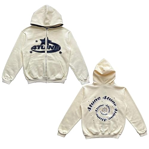 4 Tune Kapuzenpullover mit Reißverschluss, Fortune Star Letter Print Hoodie, Y2K Fleece-Sweatshirt mit Durchgehendem Reißverschluss und Kapuze (Color : White, Size : M) von LIXQQS