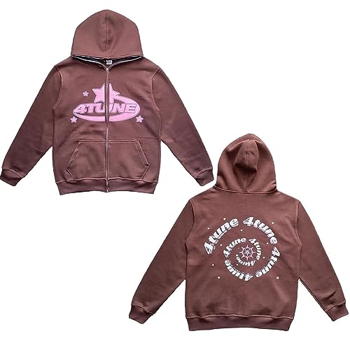 4 Tune Kapuzenpullover mit Reißverschluss für Herren, Retro Star Letter Print Jacke, Sweatshirt Streetwear Sweatjacke Langarm Kapuzenpulli Fleecefutter(Brown,L) von LIXQQS