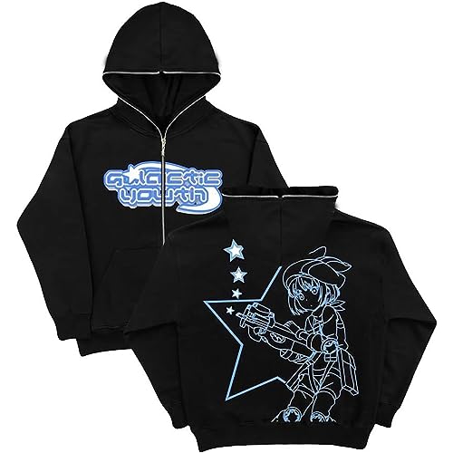 4TUNE Kapuzenjacke Full Face Zipper Hoodie Retro Star Letter Print Jacke Y2K Übergroße Kapuzenpullover Vintage Monogram Print Harajuku Oversized Hoodie(Black-02,M) von LIXQQS