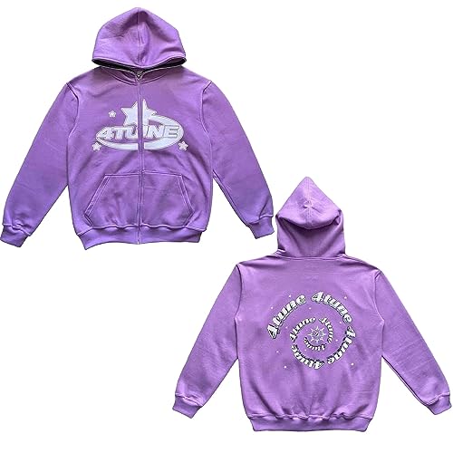 4TUNE Kapuzenjacke Full Face Zipper Hoodie Retro Star Letter Print Jacke Y2K Übergroße Kapuzenpullover Vintage Monogram Print Harajuku Oversized Hoodie(Purple,L) von LIXQQS