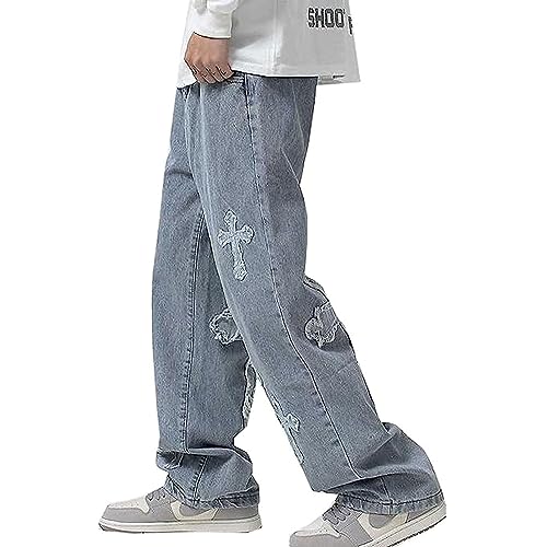 Baggy Fit Jeans Freizeithosen für Herren Kreuz Stern Patch Denim Hose Gerade Hose mit Weitem Bein Amerikanische Klassische Jeans Y2K Street Style(Blue-1,S) von LIXQQS