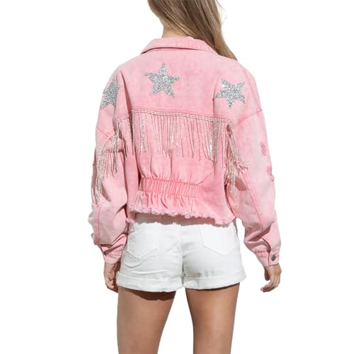 Damen Jeansjacke mit Sternennieten und Fransen Überschnittene Schulter Strass Rodeo Jeansmantel Y2K Mode Statement Stück Verkürzte Jeans Freizeitkleidung Boho Chic mit Einem Modernen Touch(Pink,M) von LIXQQS