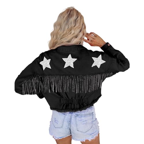 Edgy Cowgirl Chic Fransen Jacke Abgeschnittener Denim für Damen mit Funkelnden Sternen Festival Ready Look Bequeme und Stilvolle Oberbekleidung Y2K Vintage Jeansmantel ( Color : Schwarz , Size : S ) von LIXQQS