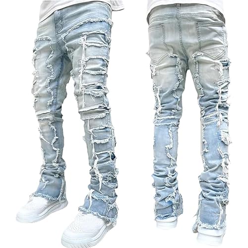 Gestapelte Röhrenjeans für Herren Schmale Passform Zerrissenes Denim Lässige Stretch Hose Mittlere Taille Einzigartige Patchwork Harajuku Street Style Y2K Hip Hop Jeans Distressed Denim Hose(Light blu von LIXQQS