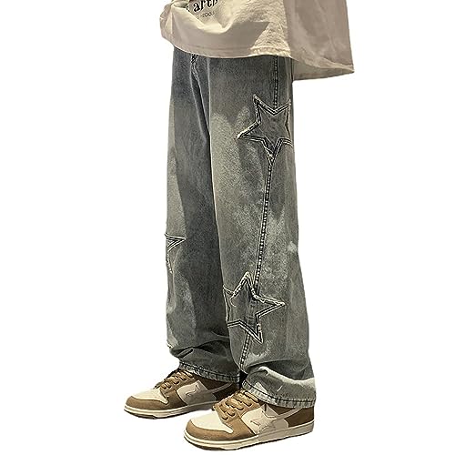 Herren Baggy Printed Jeans Hip Hop Teenager Junge Streetwear Y2K Vintage Hose Kreuz Aufnäher Loose Fit Jeanshose Jeans mit Taschen Gerade Denim Hose Cargohosen Gewaschene Verblasste Optik(Blue-2,S) von LIXQQS