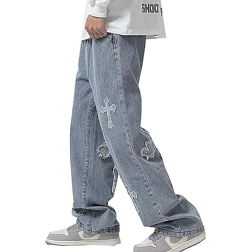 Herren Baggy Printed Jeans Hip Hop Teenager Junge Streetwear Y2K Vintage Hose Kreuz Aufnäher Loose Fit Jeanshose Jeans mit Taschen Gerade Denim Hose Cargohosen Gewaschene Verblasste Optik (Color : Bl von LIXQQS