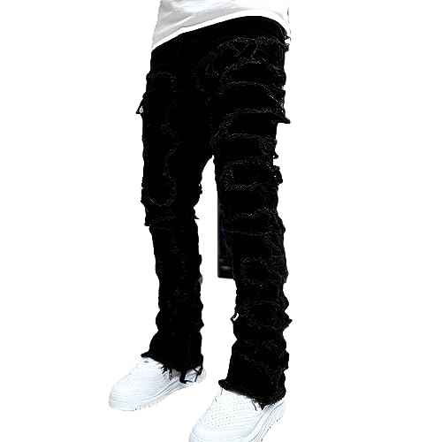 Herren Regular Fit Stacked Jeans Patch Distressed Destroyed Straight Denim Hosen Streetwear Kleidung Slim Fit Y2K Hip Hop Jeans Röhrenjeans Patchwork Denim Hosen (Color : Schwarz, Size : XXL) von LIXQQS