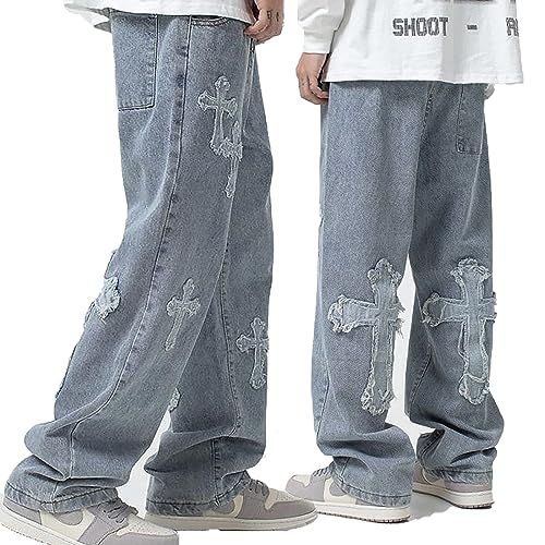 Herren Wash Jeans Straight Leg Pants Street Style Y2K Loose High Waist Cross Print Hip Hop Casual Gothic Jogginghose Relaxed Jeans(Blue,M) von LIXQQS