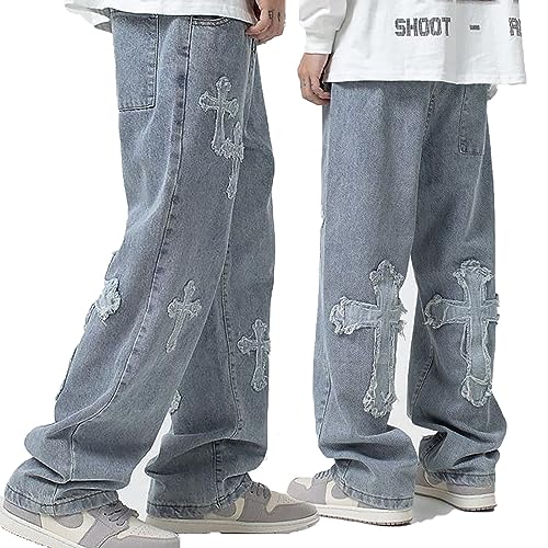 High Street Cross Patch Jeans Herren Trendige Marke Hip-Hop Hübsche Gerade Lose Lange Hosen mit Weitem Bein (Color : Blue, Size : XL) von LIXQQS