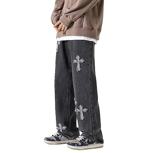 High Street Cross Patch Jeans Herren Trendige Marke Hip-Hop Hübsche Gerade Lose Lange Hosen mit Weitem Bein (Color : Schwarz, Size : L) von LIXQQS