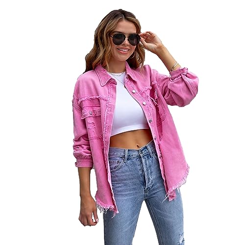 LIXQQS Damen Jeansjacke, Distressed Button Down Jeanshemd für Damen Zerrissener Shacket Mantel (Color : Pink, Size : L) von LIXQQS