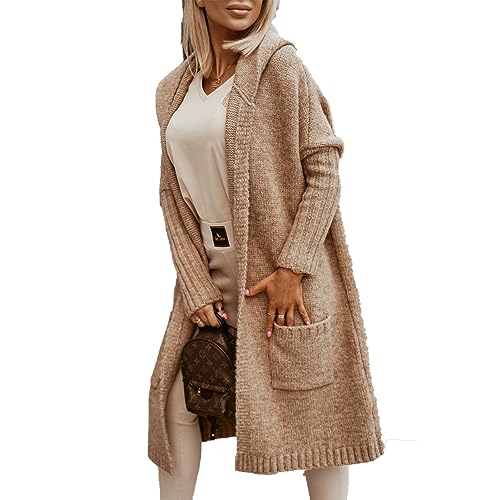 LIXQQS Damen Strickjacke Lang Cardigan Kapuzenpullover Grobstrickjacke Strickmantel mit Kapuze Cardigan Strickpullover Herbst Winter Jacke Sweater Outerwear(Camel,3XL) von LIXQQS