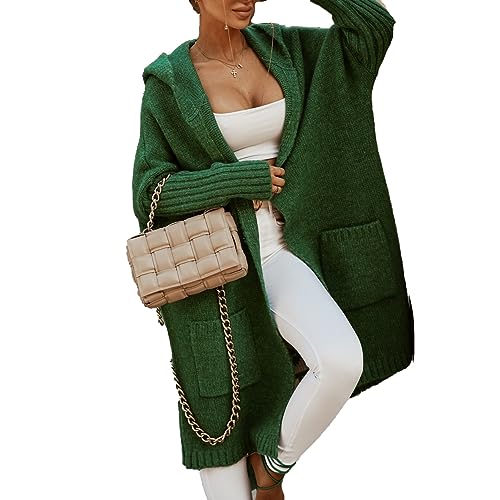 LIXQQS Damen Strickjacke Lang Cardigan Kapuzenpullover Grobstrickjacke Strickmantel mit Kapuze Cardigan Strickpullover Herbst Winter Jacke Sweater Outerwear(Green,L) von LIXQQS