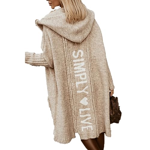 LIXQQS Damen Strickjacke Lang Cardigan Kapuzenpullover Grobstrickjacke Strickmantel mit Kapuze Cardigan Strickpullover Herbst Winter Jacke Sweater Outerwear(Khaki,XL) von LIXQQS