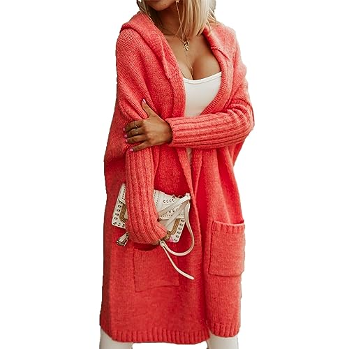 LIXQQS Damen Strickjacke Lang Cardigan Kapuzenpullover Grobstrickjacke Strickmantel mit Kapuze Cardigan Strickpullover Herbst Winter Jacke Sweater Outerwear(Red,XL) von LIXQQS