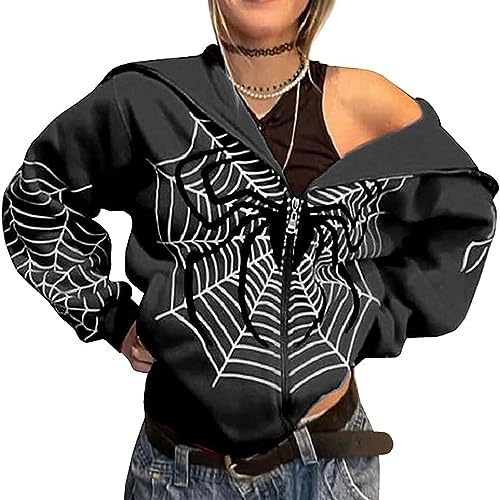 LIXQQS Damen Zip Up Oversized Hoodie Große Spinnennetz Print Muster Y2K Hoodie Gothic Punk Jacke Sweatshirt (Color : Schwarz, Size : M) von LIXQQS