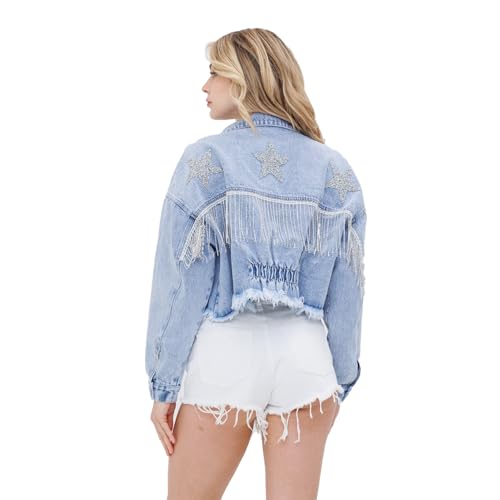 LIXQQS Edgy Cowgirl Chic Fransen Jacke Abgeschnittener Denim für Damen mit Funkelnden Sternen Festival Ready Look Bequeme und Stilvolle Oberbekleidung Y2K Vintage Jeansmantel (Color : Blue, Size : S) von LIXQQS