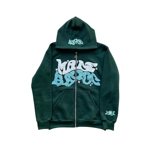 LIXQQS Herren 2000er Revival Streetwear Hoodie, Lässiger Oversize-Schnitt mit Kultigem Graffiti-Alphabet-Druck, Gestricktes Sweatshirt, Y2K Kapuzenjacke, Kapuzenpullover mit Reißverschluss(Green,S) von LIXQQS