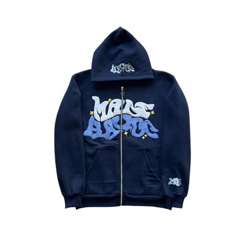 LIXQQS Herren 2000er Revival Streetwear Hoodie, Lässiger Oversize-Schnitt mit Kultigem Graffiti-Alphabet-Druck, Gestricktes Sweatshirt, Y2K Kapuzenjacke, Kapuzenpullover mit Reißverschluss(Navy blue,5 von LIXQQS