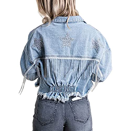 LIXQQS Lässige Damen Jeansjacke mit Fransen, Strasssteinen Denim Jeansjacke Langärmeliger Mantel Cowgirl(Blue,L) von LIXQQS