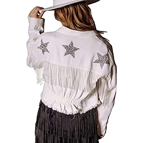 LIXQQS Lässige Damen Jeansjacke mit Fransen, Strasssteinen Denim Jeansjacke Langärmeliger Mantel Cowgirl(White,L) von LIXQQS