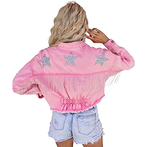 LIXQQS Lässige Damen Jeansjacke mit Fransen, Strasssteinen Denim Jeansjacke Langärmeliger Mantel Cowgirl(Pink,S) von LIXQQS