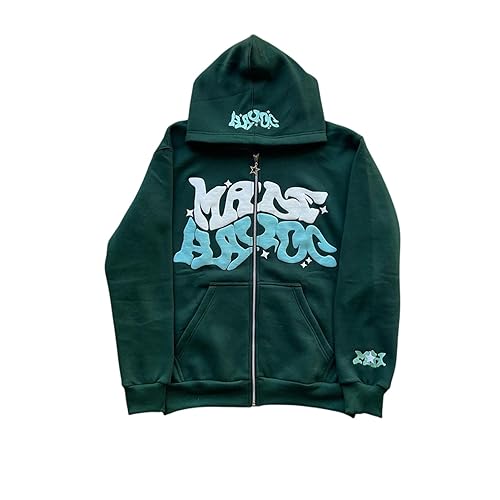LIXQQS Y2K Kapuzenpullover Jacke Herren Fleece Reißverschluss Sport Mantel Unisex Paare Hip Hop Streetwear Warme Freizeitjacke mit Taschen Zip Hoodie Trendiger Sweatshirt mit Graffiti Druck(Green,XL) von LIXQQS