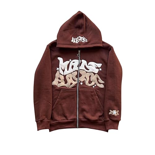 LIXQQS Y2K Kapuzenpullover Jacke Herren Fleece Reißverschluss Sport Mantel Unisex Paare Hip Hop Streetwear Warme Freizeitjacke mit Taschen Zip Hoodie Trendiger Sweatshirt mit Graffiti Druck(Brown,S) von LIXQQS