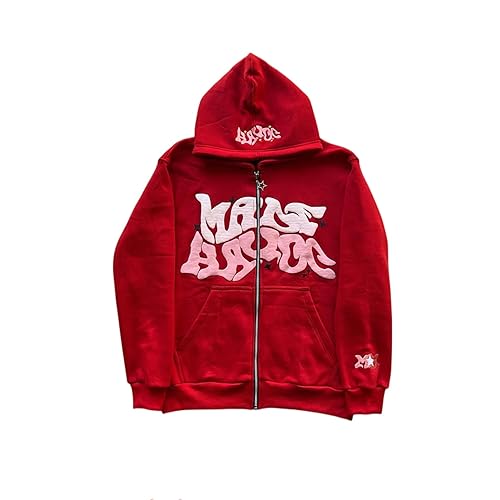 LIXQQS Y2K Kapuzenpullover Jacke Herren Fleece Reißverschluss Sport Mantel Unisex Paare Hip Hop Streetwear Warme Freizeitjacke mit Taschen Zip Hoodie Trendiger Sweatshirt mit Graffiti Druck(Red,XL) von LIXQQS