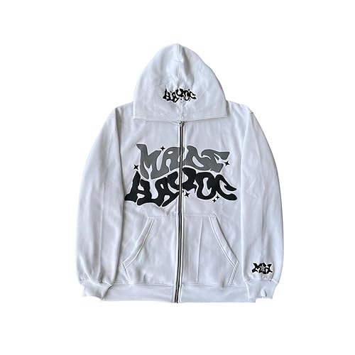 LIXQQS Y2K Kapuzenpullover Jacke Herren Fleece Reißverschluss Sport Mantel Unisex Paare Hip Hop Streetwear Warme Freizeitjacke mit Taschen Zip Hoodie Trendiger Sweatshirt mit Graffiti Druck(White,L) von LIXQQS