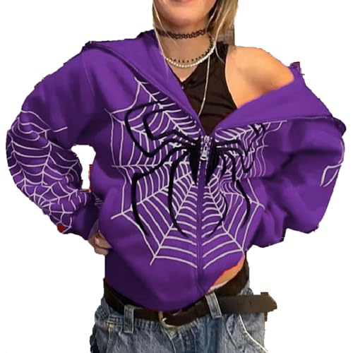 LIXQQS Y2K Sweatshirt Auffälliger Unisex Kapuzenpullover mit Spinnennetz Reißverschluss Vielseitige Streetwear Warm und Atmungsaktiv Klassische Lässige Passform Lange Ärmel mit Taschen(Purple,XL) von LIXQQS