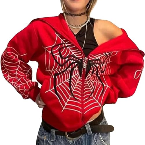 LIXQQS Y2K Sweatshirt Auffälliger Unisex Kapuzenpullover mit Spinnennetz Reißverschluss Vielseitige Streetwear Warm und Atmungsaktiv Klassische Lässige Passform Lange Ärmel mit Taschen(Red,S) von LIXQQS