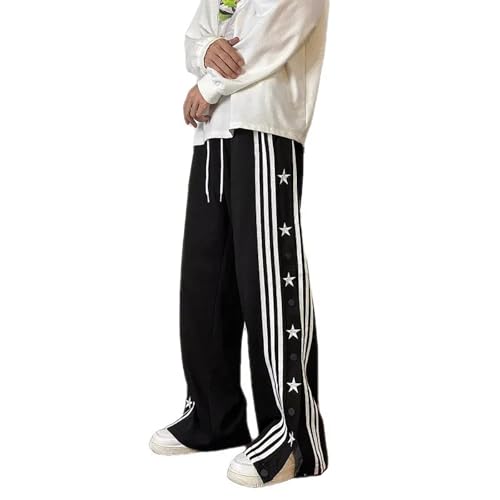 Schwarze/Rote Hose mit Streifen Modische Trainingshose Herren Lässige Jogginghose Bequeme Herrenhose Gerade Geschnittene Hose mit Weitem Bein und Seitlichen Knöpfen Y2K Hip Hop Streetwear(Schwarz,XXL) von LIXQQS
