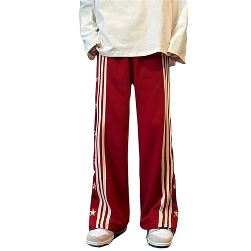 Schwarze/Rote Hose mit Streifen Modische Trainingshose Herren Lässige Jogginghose Bequeme Herrenhose Gerade Geschnittene Hose mit Weitem Bein und Seitlichen Knöpfen Y2K Hip Hop Streetwear(Red,L) von LIXQQS