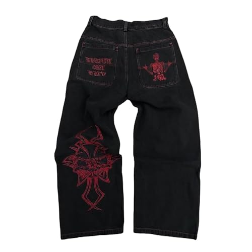 Y2K Herren Hip-Hop Bestickte Oversize Jeans, Unisex Streetwear mit auffälligem Schädel und Kreuzstick, Direkt geschnittene Jeans im Retro-Look(Red,XL) von LIXQQS