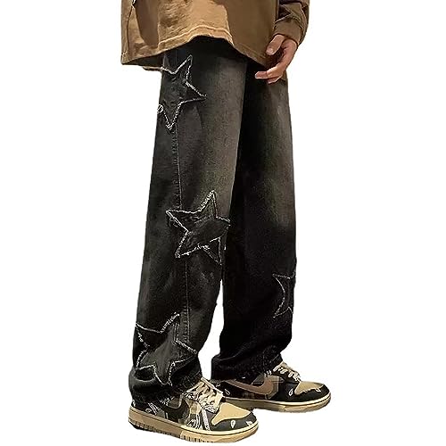 Y2K Herren Jeans Cross Star Patch mit Gerader Passform Lockerem Weitem Bein Street Hip Hop Freizeithose Waschverfahren im Retro-Stil Teenager Skateboard Hose Cargohosen (Color : Black-2, Size : S) von LIXQQS