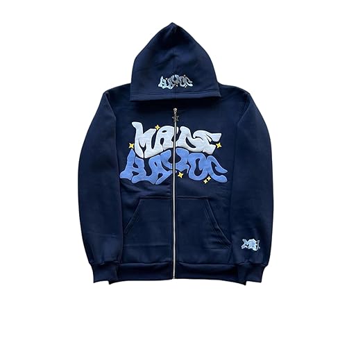 Y2K Kapuzenpullover Jacke Herren Fleece Reißverschluss Sport Mantel Unisex Paare Hip Hop Streetwear Warme Freizeitjacke mit Taschen Zip Hoodie Trendiger Sweatshirt mit Graffiti Druck(Navy blue,L) von LIXQQS