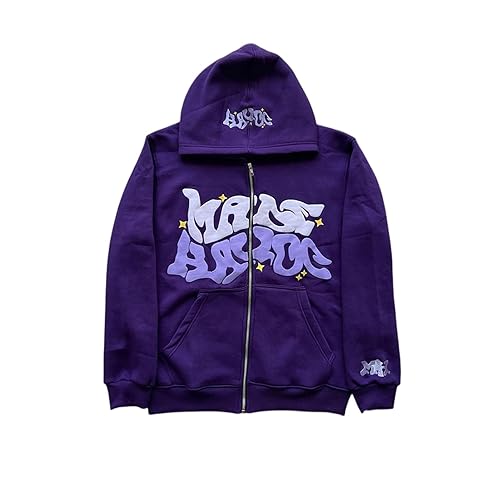 Y2K Kapuzenpullover Jacke Herren Fleece Reißverschluss Sport Mantel Unisex Paare Hip Hop Streetwear Warme Freizeitjacke mit Taschen Zip Hoodie Trendiger Sweatshirt mit Graffiti Druck ( Color : Purple von LIXQQS