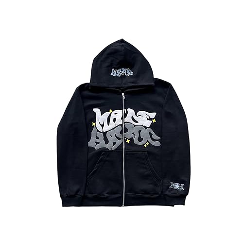 Y2K Kapuzenpullover Jacke Herren Fleece Reißverschluss Sport Mantel Unisex Paare Hip Hop Streetwear Warme Freizeitjacke mit Taschen Zip Hoodie Trendiger Sweatshirt mit Graffiti Druck(Schwarz,S) von LIXQQS