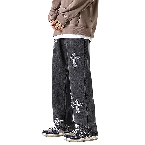Y2K Vintage Effekt Baggy Jeans Herren mit Kreuze Print Hip Hop Baggy Cargo Jeans Pants Breite Hose Gerade Hose Freizeithose Harajuku Denimhose Unisex Kreuz Aufnäher Jeanshose(Black-1,3XL) von LIXQQS