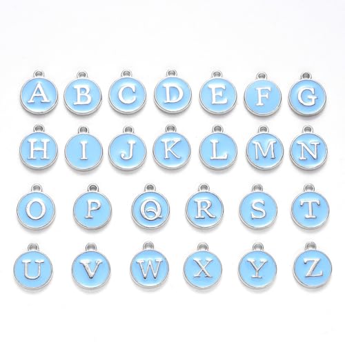 LIXSAZSE 26 Stück Anfangsbuchstaben Charms Weihnachtsgeschenk hängende Anhänger doppelseitige runde Legierung Charm Halskette mit Zubehör, Blau von LIXSAZSE