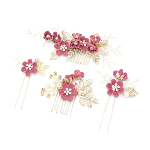 LIXSAZSE 4 Stück Hochzeit Blumen Haarkämme Dekorationen Kopfschmuck Set Stilvolle Elegante Mädchen Kopfbedeckung Schöne Braut Kopfschmuck, Rosenrot von LIXSAZSE